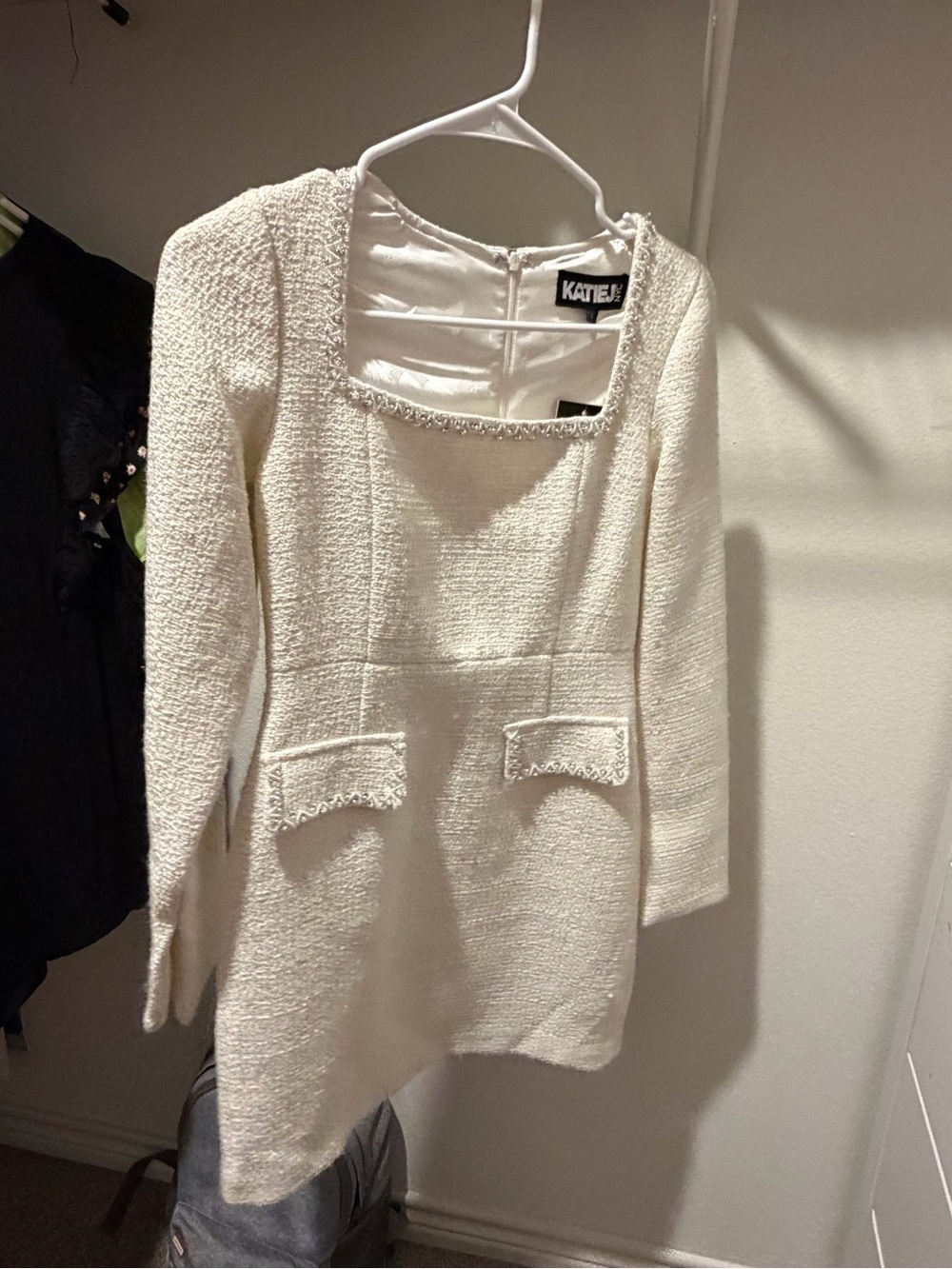 Katie J NYC Cream Bouclé Long-Sleeve Square-Neck Mini Dress
